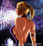  1girl armlet back backless_dress backless_outfit bare_back bare_shoulders blonde_hair breasts dress earrings facing_away female fireworks formal halterneck jewelry kawano_takuji large_breasts looking_away namco nina_williams no_bra official_art parted_lips ponytail purple_dress sideboob solo tekken tekken_2 tekken_4 tekken_5_(dark_resurrection) tekken_tag_tournament tekken_tag_tournament_2 