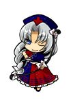  arrow blue_dress blue_eyes bow_(weapon) braid chibi dress hat long_hair multicolored_dress nurse_cap red_dress silver_hair simple_background smile socha solo touhou very_long_hair weapon wink yagokoro_eirin 