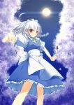  dress flower full_moon izayoi_sakuya jirou jirou_(chekoro) knives maid maid_headdress moon red_eyes ribbon silver_hair solo touhou twin_braids 