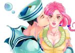  1boy 1girl black_hair bubble cheek_kiss dixie_cup_hat hair_bobbles hair_ornament hat hetero higashikata_jousuke_(jojolion) hirose_yasuho jojo_no_kimyou_na_bouken jojolion kiss mnr_1x4 pink_eyes pink_hair 