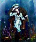  alternate_costume armchair blue_hair bone boots coral couch cross-laced_footwear crossed_legs eyepatch eyepatch_lift eyepatch_removed green_eyes hat lace-up_boots legs_crossed maria_(mariaxnonno) military military_uniform murasa_minamitsu necktie plant sitting solo sword touhou treasure_chest underwater uniform weapon 