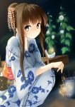  blue_eyes brown_hair bucket fan fireworks flower hair_ornament hairpin highres japanese_clothes kimono kuroneko_shiro long_hair morning_glory mosquito_coil original paper_fan ponytail porch senkou_hanabi smile solo sparkler squatting uchiwa veranda yukata 