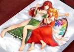  bare_legs barefoot bed blonde_hair blouse blue_eyes bow braid breasts chinese_clothes cleavage closed_eyes eyes_closed feet flandre_scarlet hair_bow highres hong_meiling large_bow long_hair long_skirt lying multiple_girls no_bra no_hat no_headwear on_back on_side open_clothes open_shirt red_hair redhead ryuushou shirt short_hair side_ponytail side_slit skirt sleeping the_embodiment_of_scarlet_devil touhou vest wince wings wink 