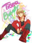  barnaby_brooks_jr blonde_hair boots glasses green_eyes jacket jewelry looking_at_viewer male namiki_(artist) necklace sitting solo tiger_&amp;_bunny 