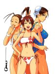  animal_ears bandana bandanna bikini breasts brown_eyes brown_hair brown_legwear bun_cover bunny_ears chun-li closed_eyes double_bun eyes_closed flower hand_on_hip hand_over_mouth headband hips ibuki kasugano_sakura kunai large_breasts laughing looking_back multiple_girls navel omar_dogan one-piece_swimsuit ox_horns pantyhose peace_sign ponytail sakura short_hair smile street_fighter swimsuit v v_(bunny_ears) weapon wink 