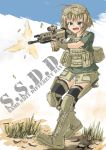  assault_rifle bad_id bandaid boots casing_ejection copyright_request fingerless_gloves firing gloves goggles goggles_on_head gun load_bearing_vest military military_uniform muzzle_flash ogitsune_(ankakecya-han) open_mouth operator rifle shell_casing short_hair solo trigger_discipline uniform weapon 