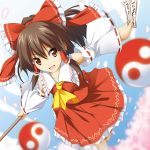  ascot blue_sky bow brown_eyes brown_hair cherry_blossoms detached_sleeves gohei hair_bow hair_tubes hakurei_reimu miko ofuda open_mouth outstretched_arms petals ponytail running shirt skirt skirt_set sky smile solo spell_card touhou yin_yang zb 