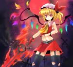  adapted_costume alternate_weapon alternate_wings ascot bare_shoulders blonde_hair flandre_scarlet garter_straps hat injury laevatein midriff navel red_eyes short_hair side_ponytail single_glove skirt solo sumapan sword the_embodiment_of_scarlet_devil thigh-highs thighhighs torn_thighhighs touhou weapon wings wound wounded zettai_ryouiki 
