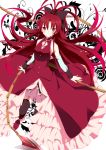  black_legwear blush bow detached_sleeves dress hair_bow jewelry kurono_yuzuko long_hair magical_girl mahou_shoujo_madoka_magica pendant polearm red_dress red_eyes red_hair redhead sakura_kyouko solo spear thighhighs vines weapon zettai_ryouiki 