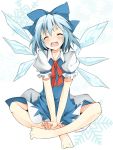  ^_^ ankle_grab bad_id bare_legs barefoot blue_dress blue_hair blush bow cirno closed_eyes dress eyes_closed face feet hair_bow hair_ribbon hands_on_feet head_tilt ice ice_wings indian_style kako11 open_mouth ribbon short_hair sitting smile snowflakes solo touhou v_arms wings 