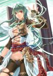  armor breasts cleavage cover cover_page energy fingerless_gloves gloves green_hair large_breasts long_hair navel original ran'ou_(tamago_no_kimi) ranou red_eyes sash scabbard sheath shorts solo talisman torn_clothes very_long_hair 