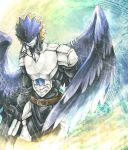  belt black_wings blonde_hair digimon digimon_tamers digimon_xros_wars gun kyuurou_yami male mask monster plate red_eyes smile weapon wings 