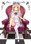  alice_in_wonderland apron bandage bandages blonde_hair blood blood_stain blue_eyes blush bow chair checkered checkered_floor dress garters hair_bow hand_on_own_chest hand_to_chest leg_lift long_hair mary_janes ribbon shoes single_thighhigh sitting solo thighhighs white_legwear yukiwo 