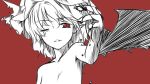  blood hat herio monochrome no_nose nude outstretched_arm red_eyes remilia_scarlet short_hair simple_background solo spot_color touhou wink 