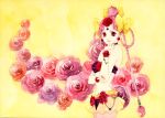  amazons_quartet artist_request bare_shoulders bishoujo_senshi_sailor_moon bow cerecere flower hair_bow nail_polish nehuda pink_eyes pink_hair pink_rose red_rose rose simple_background solo yellow_background 