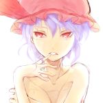  bad_id bare_shoulders bow breasts bust clenched_teeth collarbone covering covering_breasts face finger_to_mouth hands hat hat_bow highres kamu_(5411acc2) lavender_hair red_eyes remilia_scarlet sharp_teeth short_hair sketch solo touhou tsunotsuki_(uguisu_maccha) 