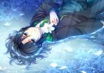  afloat black_hair blue_eyes flower harry_potter holding lily lily_(flower) lying male necktie on_back petals robe school_uniform severus_snape short_hair solo submerged sweater_vest water wet wet_clothes young yunaminato yuuna_minato 
