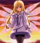  blonde_hair blue_eyes chisato_(missing_park) choker coat colette_brunel gloves long_hair pantyhose sky smile solo sunset tales_of_(series) tales_of_symphonia white_gloves wings 