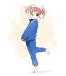  brown_eyes brown_hair face feet gym_uniform leg_up looking_at_viewer namori original shirt_tug short_twintails solo standing_on_one_leg tareme tiptoes track_jacket track_pants track_suit twintails 