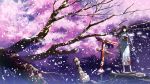  black_hair cherry_blossoms highres japanese_clothes justminor katana kimono obi open_clothes original petals ruins sandals solo standing sword torii tree weapon 