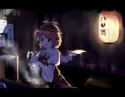  animal_ears bad_id blush chopsticks cooking fang fingernails food hat jewelry lantern letterboxed long_fingernails mika_(moc828) mystia_lorelei night okamisty paper_lantern pink_hair pot red_eyes short_hair single_earring skewer solo time timestamp touhou wings 