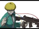  biting blonde_hair blue_eyes bowtie cable child glasses gun jeff_andonuts letterboxed machine_gun mother_(game) mother_2 shaded_face shirt simple_background solo sumishiba_(pixiv) tuxedo weapon 