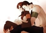  1girl black_hair brown_hair closed_eyes couple eyes_closed glasses haruta_(h-oh) hug hug_from_behind kinon ponytail rossiu sitting smile tengen_toppa_gurren-lagann tengen_toppa_gurren_lagann 