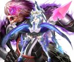  1girl armor armored_dress aura belderiver blood breasts cleavage crown glowing glowing_eyes gwendolyn highres odin_sphere open_mouth oswald polearm short_hair silver_hair spear sword takebi teeth thigh-highs thighhighs valkyrie weapon wings zettai_ryouiki 