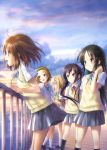  akiyama_mio black_hair blue_eyes blush brown_eyes brown_hair cloud goto_p hirasawa_yui k-on! kotobuki_tsumugi long_hair multiple_girls nakano_azusa open_mouth railing red_eyes school_uniform skirt sky sweater_vest tainaka_ritsu 