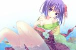 bare_shoulders breasts cleavage flower hair_flower hair_ornament hieda_no_akyuu japanese_clothes kimono kisaragi_kiriha obi off_shoulder partially_submerged purple_eyes purple_hair red_string short_hair smile solo string submerged touhou violet_eyes water wet wet_clothes 