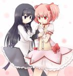  akemi_homura black_hair bow choker finger_licking gloves hair_bow kaname_madoka licking magical_girl mahou_shoujo_madoka_magica multiple_girls pantyhose pink_eyes pink_hair purple_eyes short_twintails tamutamu-t twintails violet_eyes yuri 