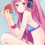  alternate_costume android doll_joints food fruit headphones holding holding_fruit long_hair looking_at_viewer miki miki_(vocaloid) pink_eyes pink_hair robot_joints sf-a2_miki simple_background sitting solo vocaloid watermelon wogura wristband 