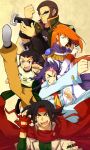  argo_gulskii black_hair brown_hair chibodee_crocket domon_kasshu facial_mark fingerless_gloves flower forehead_mark g_gundam george_de_sand gloves gundam hachimaki headband highres long_hair male multiple_boys purple_eyes purple_hair red_eyes red_rose rose sai_saici scar short_hair teeth ufuto violet_eyes 