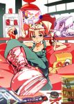  bean_bag blurry boots brand_name_imitation candy chocolate cookie depth_of_field doughnut eating food foreshortening freckles gumballs hair_bobbles hair_ornament highres mayuge1017 no_bra original overalls pink_hair sitting soda soda_can solo twintails wristband 