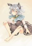  1girl animal_ears barefoot blush capelet face feet grey_hair harusame_(unmei_no_ikasumi) jewelry mouse_ears mouse_tail nazrin pendant red_eyes short_hair sitting skirt solo tail touhou 