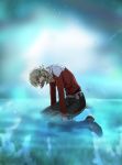  barnaby_brooks_jr belt blonde_hair boots crying glasses green_eyes jacket jewelry kneeling male necklace no_glasses red_jacket sad short_hair solo star studded_belt tiger_&amp;_bunny water wet worldia 
