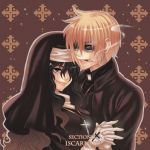  black_hair blonde_hair cigarette cross glasses gloves habit hair_over_one_eye hand_holding hatake_michi heinkel_wolfe hellsing holding_hands jewelry lowres mouth_hold necklace nun short_hair yumie_takagi 