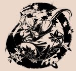  animal_ears hat highres inubashiri_momiji kemonomimi leaf monochrome nikka nikka_(cryptomeria) serious shield short_hair solo tail tokin_hat touhou wolf_ears wolf_tail 