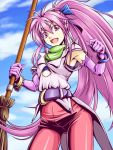  ahoge arche_klein broom gloves hair_ribbon happy kyo9999 long_hair open_mouth pants payot pink_eyes pink_hair ponytail ribbon scarf smile solo tales_of_(series) tales_of_phantasia 