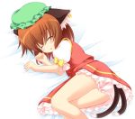  animal_ears bare_legs bloomers blush brown_eyes brown_hair cat_ears cat_tail chen closed_eyes eyes_closed hat highres jewelry lying multiple_tails on_side pila-pela short_hair single_earring sleeping solo tail touhou upskirt 