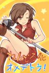  boots brown_eyes brown_hair meiko microphone microphone_stand short_hair skirt smile vest vocaloid wink 