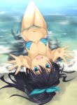  :d aqua_eyes beach bikini black_hair carry_me fang fangs forehead ganaha_hibiki hair_ribbon idolmaster kuronyan long_hair looking_at_viewer lying mound_of_venus navel on_back open_mouth outstretched_arms outstretched_hand ponytail reaching ribbon sand smile submerged swimsuit upside-down water 