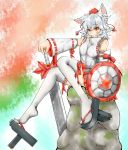  1girl animal_ears blush_stickers breasts colored detached_sleeves geta grin hat highres inubashiri_momiji kal_abiner leaf maple_leaf shield shoe_dangle short_hair sitting skirt smile solo sword tengu-geta thighhighs tokin_hat touhou weapon white_hair white_legwear wolf_ears 