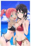  asymmetrical_docking bad_id bikini black_hair braid breast_press breasts da_(pixiv) foreshortening green_eyes hand_holding holding_hands multiple_girls original ponytail red_hair redhead short_hair swimsuit tan tanline twin_braids v 