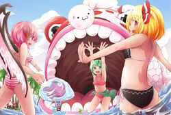 :3 animal animal_ears antennae ass ball bare_shoulders bikini blonde_hair blue_hair cirno daiyousei danger fish from_behind frozen giant_animal green_eyes green_hair innertube jagabutter multiple_girls mystia_lorelei open_mouth outdoors outstretched_arms oversized_animal pink_eyes pink_hair rakugaki_(pixiv) rumia sarong short_hair side-tie_bikini spread_arms striped striped_bikini striped_swimsuit swimsuit teeth thighs touhou umbrella water wings wriggle_nightbug youkai