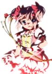  bow_(weapon) choker dress flower gloves hair_bow jewelry kaname_madoka magical_girl mahou_shoujo_madoka_magica mesushirindaa official_style pendant pink_eyes pink_hair short_twintails soul_gem twintails weapon 