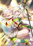  blonde_hair boots breasts character_request copyright_request fantasy flower hair_flower hair_ornament long_hair low_wings miogrobin no_panties polearm purple_eyes solo spear thigh-highs thigh_boots thighhighs under_boob underboob violet_eyes weapon wings 