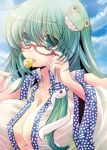  asai_ichiko bespectacled blush breasts bust frog glasses green_eyes green_hair hair_ornament hair_tubes huge_breasts kochiya_sanae long_hair no_bra open_clothes open_shirt popsicle red-framed_glasses shirt smile snake solo touhou 