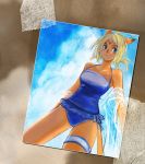  bad_id bare_shoulders blonde_hair blue_eyes casual_one-piece_swimsuit cloud collarbone dark_skin doraeshi final_fantasy final_fantasy_xi halterneck mithra one-piece_swimsuit photo_(object) sky solo swimsuit tail thigh_strap 