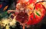  bad_id blonde_hair bloomers bow crazy_eyes flandre_scarlet frilled_skirt full_moon hat hat_bow moon nedoret outstretched_arms red_eyes red_moon short_sleeves side_ponytail skirt skirt_set slit_pupils smile solo spread_arms the_embodiment_of_scarlet_devil touhou wings 